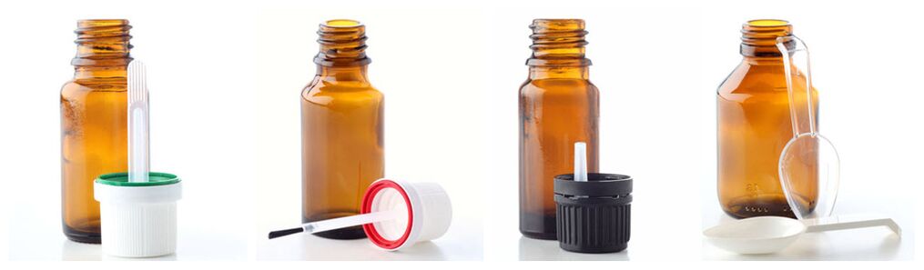 Glass vials for essential oils with pipette, brush, dropper dispenser and dosing spoon